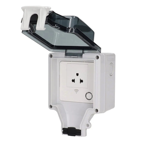 Outdoor Smart Outlet With Slick App Remote Control And Programmable Timer IP66 Weatherproof Power Socket For Patio And Backyard, white with flip top cover.