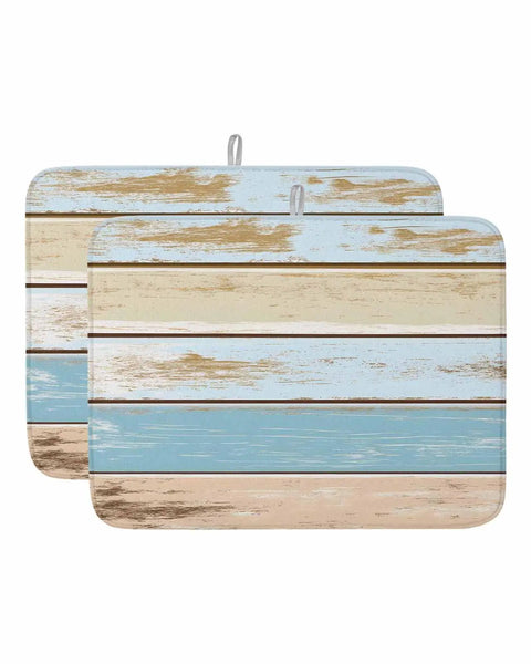Wood Grain Blue Beige Dish Drying Mats 2 Pack For Kitchen Counter 18x24 Inches, vintage farm style, hanging loop visible