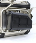 Badass Motorcycle Side Tool Box For CRF1000L Cargo Rack with sturdy black metal shell attached to rear frame.