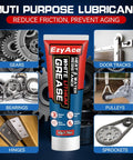 White Lithium Grease For Garage Doors And More Heavy Duty Multi Purpose Bearing And Gear Lubricant For Hinges Tracks Bearings Gears And Bikes Waterproof And Heat Resistant Automotive And Marine Use 1.76 Oz tube with images showing usage on bearings, hinges, gears, door tracks, pulleys, and sprockets.