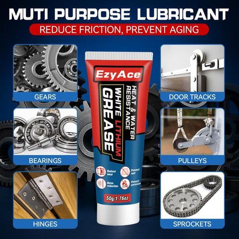 White Lithium Grease For Garage Doors And More Heavy Duty Multi Purpose Bearing And Gear Lubricant For Hinges Tracks Bearings Gears And Bikes Waterproof And Heat Resistant Automotive And Marine Use 1.76 Oz tube with images showing usage on bearings, hinges, gears, door tracks, pulleys, and sprockets.