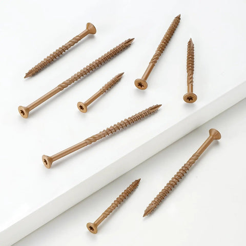 All Weather Wood Deck Screws Kit 126 Pieces with exterior epoxy coated brown finish on white surface