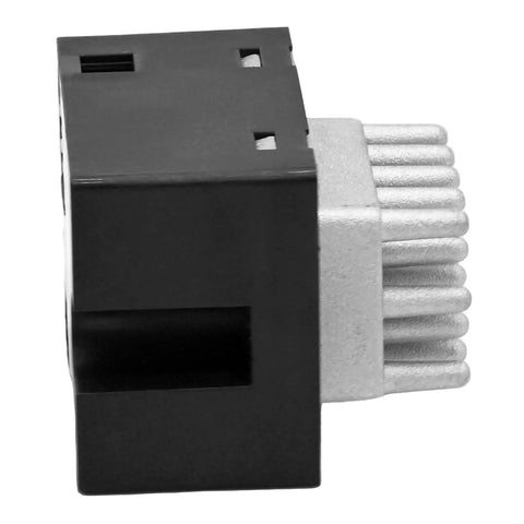 Direct Bolt On Blower Motor Resistor For Hyundai Santa Fe Santa Fe Sport 2014 To 2019 side view with black plastic housing and aluminum fins.
