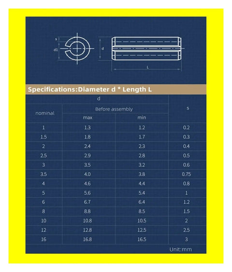 Specifications for Stainless Steel Spring Roll Pins Pack Of 95 Dowel Tension Pins M1.5 To M6 8 To 20 Mm