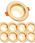 Top Shelf 9 Pack 3 Inch LED Recessed Downlights With Sleek Baffle Trim Ultra Low Profile Eyeball Spotlights Built From Rugged Aviation Aluminum Warm 3000K Zero Glare Quick Swap Ceiling Kit, showing golden fixtures.