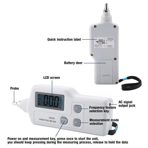 Handheld Vibration Meter With LCD Readout Digital Vibration Tester And Analyzer For Home And Tech Repair Measures Acceleration Velocity And Displacement Portable Vibrometer For Machinery Diagnostics And Maintenance, LCD and probe shown