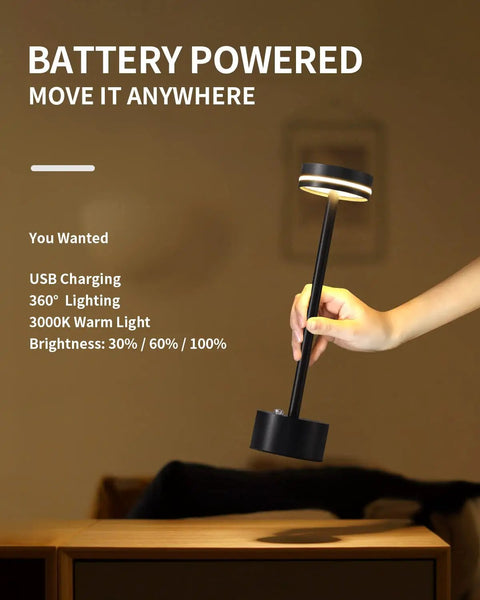 Go To Cordless Battery Powered LED Desk Lamp With Touch Control, black lamp held by hand, showing portability and brightness settings.