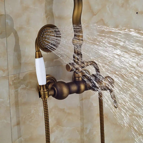 UMJIGF 8 Inch Antique Shower System with Hot and Cold Water Shower Combo Set Multifunction Single Handle Shower Faucet Set with Top Fall Shower Head, Handheld Shower,Type B,Type C water flow from handheld shower.