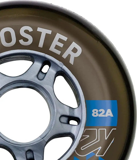 Close-up of Booster 80mm 82A Inline Skate Wheel with ILQ 7 bearing, showing urethane material and design details.