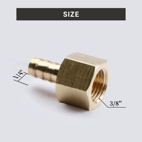 Heavy Duty 3/8 Inch Barb To 3/8 Female Npt Brass Fitting Set Rock Solid Plumbing Connector with measurements.