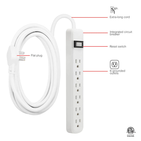 Six Outlet Power Strip With 12 Ft Extension Cord And Flat Plug Grounded With Integrated Circuit Breaker 3 Prong Wall Mount ETL Listed White Finish, showing long coiled cord, flat plug, and outlet strip with labels for features.