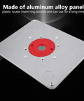 Premium Aluminum Alloy Router Table Insert Plate With Center Alignment Bushing And Installation Screws For Diy Woodworking Engraving Machine Tools Easy Install Plus Killer Precision Fit, aluminum panel with red insert ring.