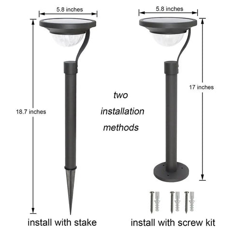 Diagram showing 50 Lumen Solar Path Lights 42X Brighter Than Standard Garden Lighting Matte Black, stake and screw installation methods.