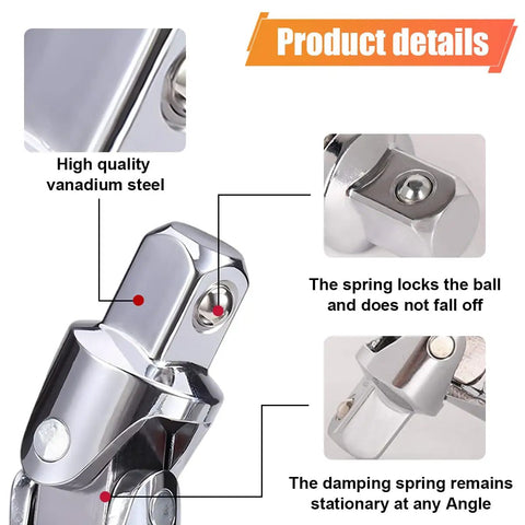 3 Piece Universal Joint Socket Set For One Quarter Inch Drive, Three Eighth Inch Drive And One Half Inch Drive With Swivel Ratchet Sockets, Chrome Vanadium Steel, Built Tough For Auto Maintenance And Repairs; chrome vanadium close-up