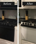 Before and after image showing kitchen stove transformed using Brushed Nickel Peel And Stick Stainless Steel Contact Paper For Appliances And Cabinets Kitchen DIY Wrap Cover Adhesive Decorative Film 15.8 X 78.8 Inch Removable Waterproof Oil Proof Scratch Resistant No Mess Easy To Install.