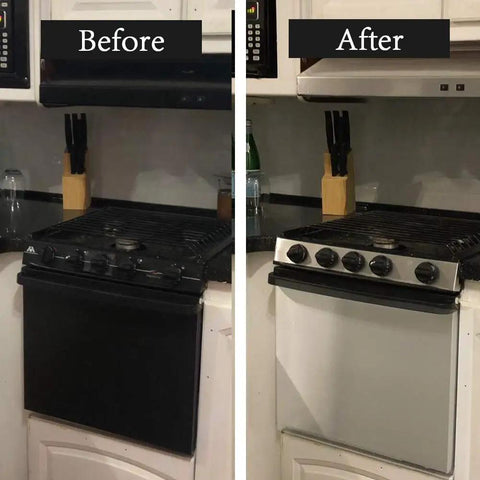 Before and after image showing kitchen stove transformed using Brushed Nickel Peel And Stick Stainless Steel Contact Paper For Appliances And Cabinets Kitchen DIY Wrap Cover Adhesive Decorative Film 15.8 X 78.8 Inch Removable Waterproof Oil Proof Scratch Resistant No Mess Easy To Install.