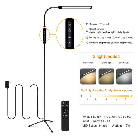 LED Floor Lamp With Remote Control For Eyelash Extensions And Makeup, Gooseneck Dimmable Standing Reading Lamp, 3 Color Modes