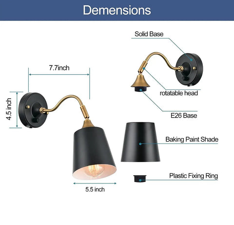 Diagram of Battery Powered Dope Gooseneck Wall Light with Remote Dimmer, showcasing dimensions and components in black metal finish.