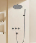 Wall Mounted Shower System 10 Inch Rain Shower Set Stainless Steel with wall controls and hose in modern bathroom setting.
