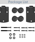 Exterior Sliding Barn Door Hardware Kit With Box Rail Hangers in black finish shown with nuts and bolts.