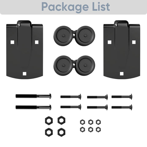 Exterior Sliding Barn Door Hardware Kit With Box Rail Hangers in black finish shown with nuts and bolts.