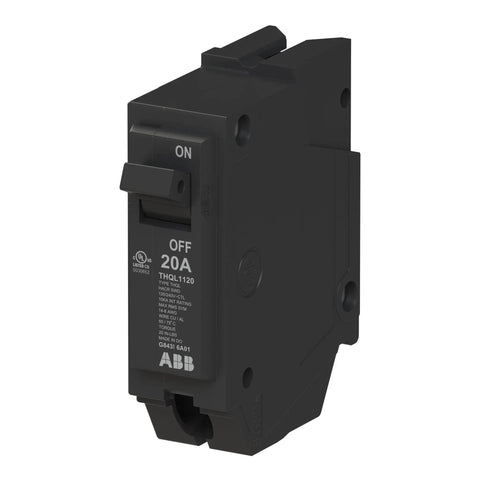 20 Amp Single Pole Circuit Breaker For 120/240 VAC, Thermal Magnetic Plug-On Load Center Protection, 10 kAIC Interrupt Rating, Durable Safety For Residential And Commercial Panels, black ABB unit