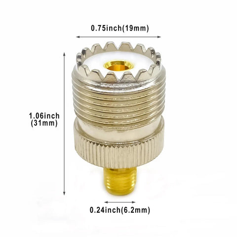 2 Pack SMA Female To PL259 SO239 Coax Adapter, Brass Nickel Plated UHF Connector, Dimensions Labeled, Durable Build