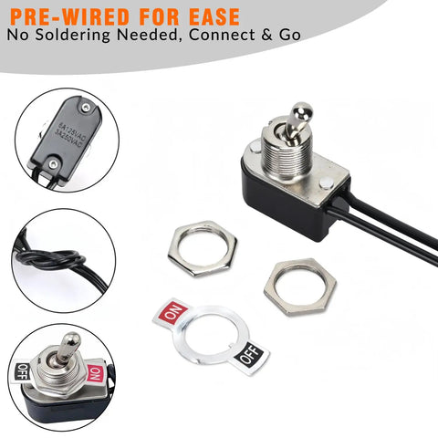 Beefy 2 Pin Heavy Duty Toggle Switch 6A At 125V And 3A At 250V SPST On Off Rocker with metal shell and pre-wired leads.