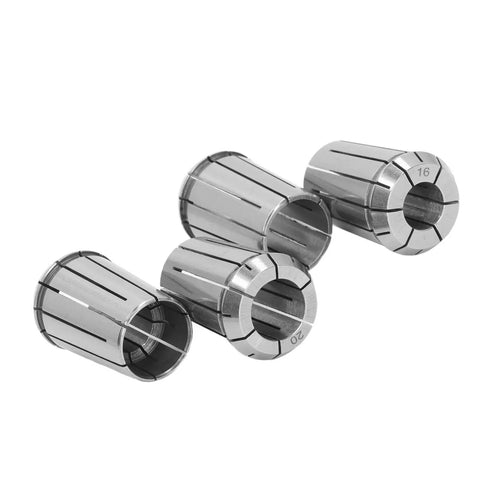 4 Piece Spring Steel Collet Set For CNC Milling Lathe Drilling And Engraving With OZ25 Collets 16 18 20 25 Mm And Wrench Tough Grip Tooling For Precise Clamping And Less Vibration For Smooth Cuts. Spring steel OZ25 collets shown in 16 and 20 mm sizes