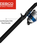 Salt Fisher 33 Spincast Reel And Rod Combo For Saltwater Inshore Fishing with EVA grip and blue-silver reel, two-piece fiberglass rod