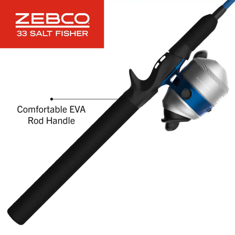 Salt Fisher 33 Spincast Reel And Rod Combo For Saltwater Inshore Fishing with EVA grip and blue-silver reel, two-piece fiberglass rod