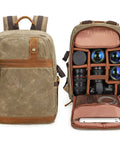 Waterproof Camera Backpack With Hidden Side Access, Retro Batik Canvas DSLR Shoulder Bag showing interior compartments and dividers