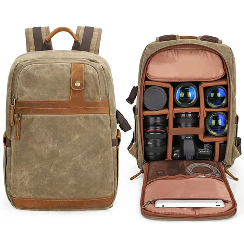 Waterproof Camera Backpack With Hidden Side Access, Retro Batik Canvas DSLR Shoulder Bag showing interior compartments and dividers