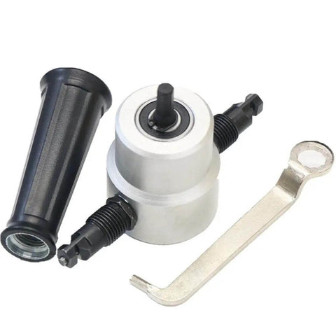Ultimate Multipurpose Sheet Metal Nibbler Cutter Drill Attachment Double Head For Handheld Drills with wrench and handle.