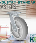 Heavy Duty 8 Inch Swivel Caster Set Featuring Durable TPR Wheels For Drywall And Sheetrock Dollies Handling Hefty Loads Up To 2800 Pounds with gray wheel and metal bracket.
