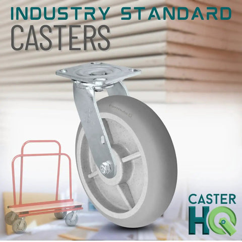 Heavy Duty 8 Inch Swivel Caster Set Featuring Durable TPR Wheels For Drywall And Sheetrock Dollies Handling Hefty Loads Up To 2800 Pounds with gray wheel and metal bracket.