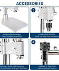 Pro Grade Heavy Duty Aluminum Alloy Manual Punching Press For Precision Riveting, Punching, Cutting, And Sealing In Electronics, Leather, Jewelry, Labs, And Beauty Projects, Ergonomic Labor Saving Spring Operation accessories including base, drill chuck, clamping plate, and holes.