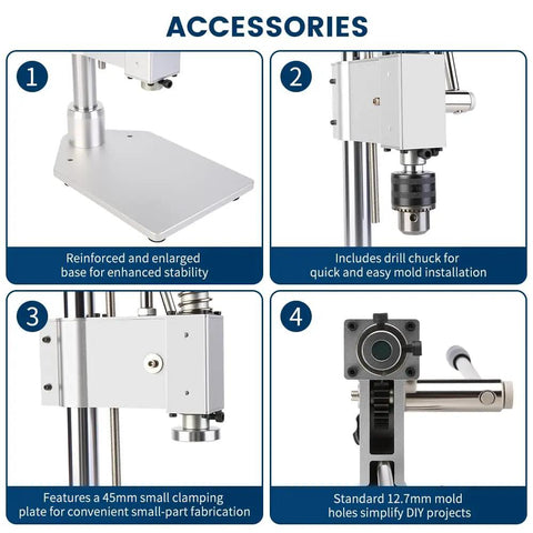 Pro Grade Heavy Duty Aluminum Alloy Manual Punching Press For Precision Riveting, Punching, Cutting, And Sealing In Electronics, Leather, Jewelry, Labs, And Beauty Projects, Ergonomic Labor Saving Spring Operation accessories including base, drill chuck, clamping plate, and holes.