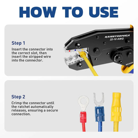 Image of instructions showing steps for using a ratcheting crimping tool for insulated wire connectors, works on AWG 22 through 10.