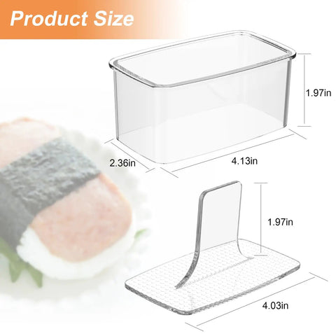 Three Piece Clear Musubi Maker Kit With Luncheon Meat Slicer Non Stick Onigiri Press Mold BPA Free Sushi Mold size diagram