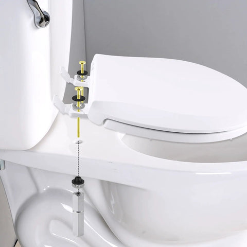 Universal Toilet Seat Bolts Kit, 2 Pack, Heavy Duty Solid Brass With Extra Long Stainless Downlock Nuts, shown during installation on toilet