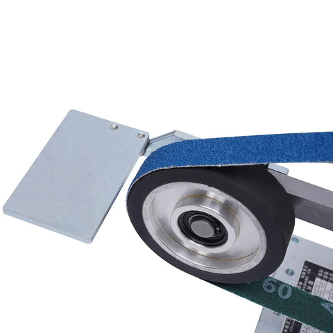 Top Shelf Desktop Belt Sander With Brushless Motor Adjustable Angled Worktable showing close-up of the drum and sanding belt.