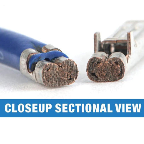 Closeup sectional view of crimped wire using Pro Grade Open Barrel Crimp Tool For Molex AMP TYCO Deutsch Terminals 24 14 AWG
