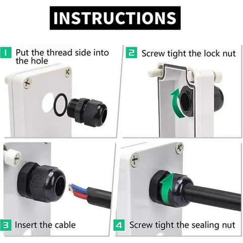 Installation steps for IP68 Waterproof Cable Glands Kit 100Pcs Nylon Entry Adjustable Wire Connectors Assortment For Junction Box PG7 Black