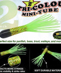 Green and black 2-inch tri-color mini-tube lure, ideal for panfish, bass, trout, walleye; boosts visibility with soft durable material.