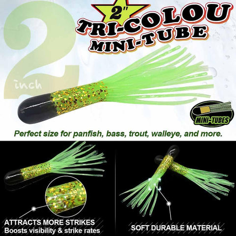Green and black 2-inch tri-color mini-tube lure, ideal for panfish, bass, trout, walleye; boosts visibility with soft durable material.