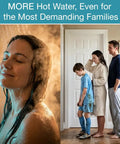 Heavy Duty Outdoor Natural Gas Tankless Water Heater 9.5 GPM 199900 BTU in use for family with steaming shower.