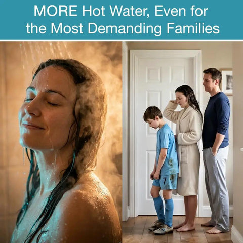 Natural Gas Tankless Water Heater 9.5 Gpm 199k Btu Wifi Enabled Indoor Non Condensing High Efficiency Whole House Endless Instant Hot Water in family home bathroom setting.