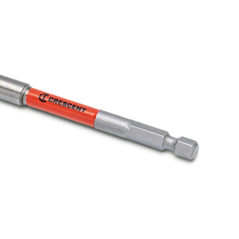 Flat Spade Drill Bit 6 Inch By 3/4 Inch With 1/4 Inch Quick Release Hex Shank close-up view of shank and branding.