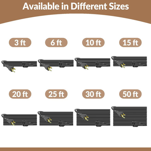 Heavy Duty Extension Cord And Power Cable For Indoor Outdoor Use available in different lengths from 3 ft to 50 ft.